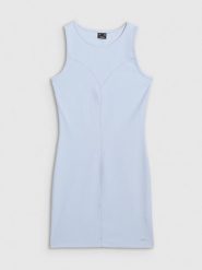4F Sukienka mini z prążkowanej dzianiny damska - niebieska L. Niebieskie sukienki damskie 4f, na co dzień, l, bez wzorów, z dzianiny, eleganckie, bez kołnierzyka, bez ramiączek, maxi, dopasowane. Za 129.99 zł.