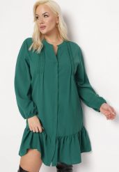 Ciemnozielona Koszulowa Sukienka Mini z Falbanką Brindel. Zielone sukienki damskie Born2be, xl, bez wzorów, bez kołnierzyka, bez ramiączek, mini, koszulowe. W wyprzedaży za 95.99 zł.