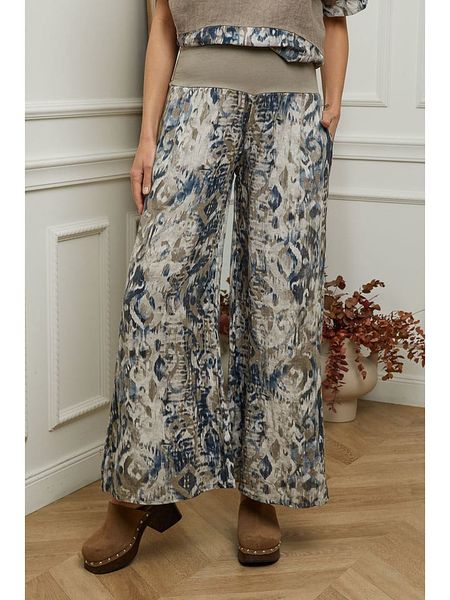 Plume Lniane spodnie "Jasmina" w kolorze szarobrązowo-niebieskim rozmiar: XL. Brązowe spodnie materiałowe damskie Plume, bez wzorów, ze lnu, z podwyższonym stanem. Za 189.29 zł.