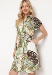 Zielona Bawełniana Sukienka Zapinana na Guziki z Materiałowym Paskiem Opilla. Zielone sukienki damskie Born2be, na imprezę, l, bez wzorów, z bawełny, eleganckie, bez kołnierzyka, bez ramiączek, midi, dopasowane. W wyprzedaży za 87.99 zł.