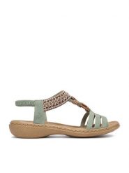 Rieker Sandały CEO-61855-52 Zielony jasny. Zielone sandały damskie Rieker, bez wzorów, ze skóry, bez obcasa, na płaskiej podeszwie. Za 319.99 zł.