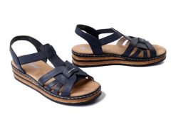 RIEKER 62918-14 blue , sandały damskie. Niebieskie sandały damskie Rieker, bez wzorów, bez obcasa, na koturnie. Za 209.93 zł.