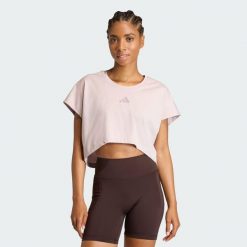 Koszulka Power Workout Cropped Boxy 3-Stripes. Fioletowe bluzki sportowe damskie Adidas, bez wzorów, bez ramiączek. Za 219.00 zł.