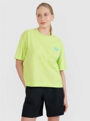 4F T-shirt regular z nadrukiem damski - zielony L. Zielone t-shirty damskie 4f, l, bez wzorów, z bawełny, bez kołnierzyka. W wyprzedaży za 39.99 zł.