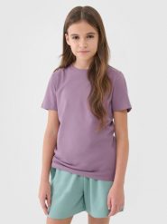 4F T-shirt regular gładki dziewczęcy - fioletowy 128 (7-8 lat). Fioletowe koszulki dziewczęce 4f, bez wzorów, z bawełny, bez ramiączek. Za 29.99 zł.