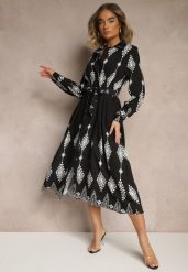 Czarna Sukienka z Wiskozą Ozdobiona Geometrycznym Motywem i Paskiem Folmara. Czarne sukienki damskie Renee, na co dzień, l, bez wzorów, z jeansu, eleganckie, bez kołnierzyka, bez ramiączek, maxi. W wyprzedaży za 119.99 zł.