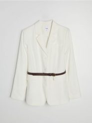 Żakiet z wiskozą i domieszką lnu - kremowy. Białe marynarki i żakiety damskie Sinsay, l, bez wzorów, z wiskozy. Za 79.99 zł.