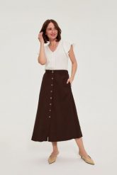 Spódnica midi z lnem brązowa. Brązowe spódniczki damskie MOODO, l, bez wzorów, ze lnu, midi. Za 139.99 zł.