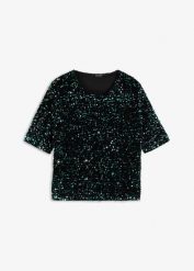 Bluzka z cekinami. Czarne bluzki damskie bonprix, bez wzorów, eleganckie, bez kołnierzyka, bez ramiączek. Za 109.99 zł.