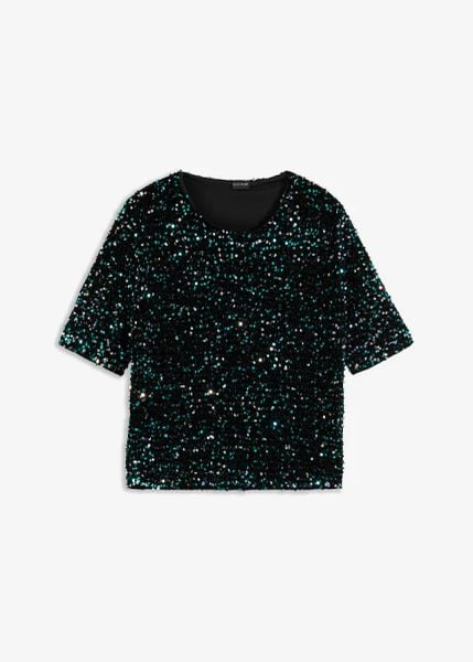 Bluzka z cekinami. Czarne bluzki damskie bonprix, bez wzorów, eleganckie, bez kołnierzyka, bez ramiączek. Za 109.99 zł.