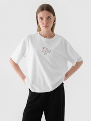 4F T-shirt oversize z nadrukiem damski - biały M. Białe t-shirty damskie 4f, m, bez wzorów, z bawełny, bez kołnierzyka. Za 69.99 zł.