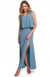 Długa zmysłowa sukienka z falbaną i rozcięciem niebieska. Niebieskie sukienki damskie Sukienki.shop, na imprezę, l, bez wzorów, eleganckie, bez kołnierzyka, bez ramiączek, maxi. Za 349.00 zł.