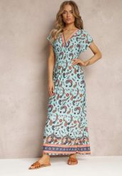 Jasnoniebieska Rozkloszowana Sukienka Maxi z Printem Paisley z Gumką w Pasie Zoenia. Niebieskie sukienki damskie Renee, na lato, l, bez wzorów, bez kołnierzyka, bez ramiączek, maxi, rozkloszowane. W wyprzedaży za 38.49 zł.