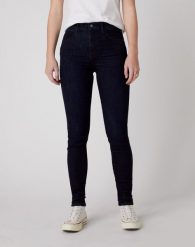 SPODNIE DAMSKIE WRANGLER HIGH RISE SKINNY BLUE BLACK W27HSZ51L 112128120. Czarne spodnie materiałowe damskie Wrangler, bez wzorów, z jeansu. Za 199.99 zł.