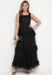 Czarna Rozkloszowana Sukienka Maxi na Szerokich Ramiączkach Ozdobiona Falbankami Oleria. Czarne sukienki damskie Born2be, s, bez wzorów, bez kołnierzyka, bez ramiączek, maxi, rozkloszowane. Za 89.99 zł.