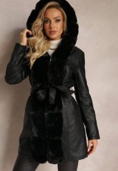 Czarna Kurtka do Kolan Płaszcz z Futerkiem i Wiązanym Paskiem Elowina. Czarne kurtki damskie Renee, l, bez wzorów. Za 259.99 zł.
