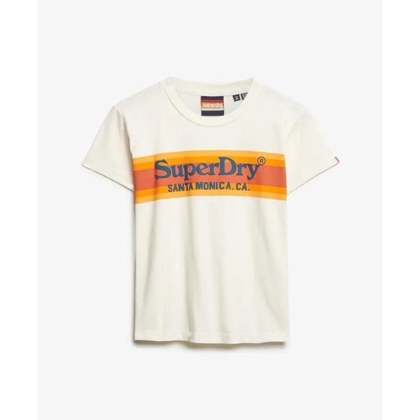 Damska dopasowana koszulka Superdry Venue Outdoors. Białe t-shirty damskie Superdry., m, z aplikacjami, z jeansu, bez kołnierzyka. Za 130.40 zł.