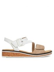 Rieker Sandały V3660-60 Biały. Białe sandały damskie Rieker, bez wzorów, z materiału, bez obcasa, na koturnie. Za 254.99 zł.