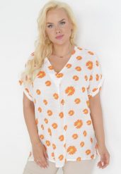 Biało-Pomarańczowa Bluzka w Rustykalnym Stylu w Kwiaty Aldora. Białe bluzki damskie Born2be, bez wzorów, z materiału, bez kołnierzyka, bez ramiączek. Za 44.99 zł.