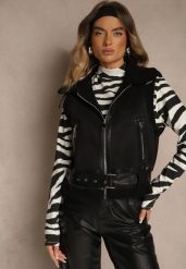 Czarna Kamizelka w Rockowym Stylu z Futerkiem w Stylu Baranka i Klamrą Tiofira. Czarne kamizelki damskie Renee, l, z futra. Za 179.99 zł.