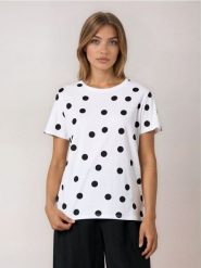 Bawełniana koszulka w kropki - biały. Białe t-shirty damskie Sinsay, l, bez wzorów, z bawełny, bez kołnierzyka. Za 12.99 zł.