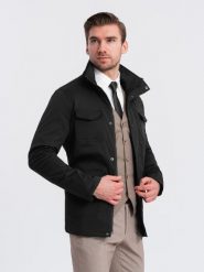 Lekka kurtka męska z wysokim kołnierzem i kieszeniami – czarna V1 OM-JALP-0167 - XXL. Czarne kurtki męskie Ombre Clothing, l, z aplikacjami, z materiału, klasyczne, bez kaptura. Za 191.99 zł.