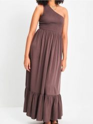 Wiskozowa sukienka midi na jedno ramię z falbaną - brązowy. Brązowe sukienki damskie Sinsay, l, bez wzorów, z wiskozy, bez kołnierzyka, bez ramiączek, midi. W wyprzedaży za 35.99 zł.