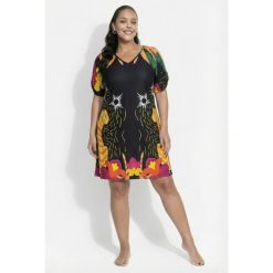 Damskie Sukienka z dżerseju koty trapezowy krój dekolt w serek rękaw 1/2. Czarne sukienki damskie Ulla Popken, plus size, bez wzorów, z dżerseju, sportowe, bez kołnierzyka, plus size, bez ramiączek, sportowe. Za 239.99 zł.