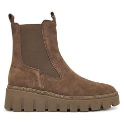 Sztyblety Tamaris. Brązowe botki damskie Tamaris, bez obcasa, na koturnie, bez zapięcia. Za 379.99 zł.