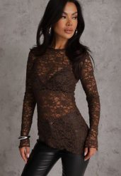 Brązowa Bluzka z Koronki o Asymetrycznym Kroju Kortesta. Brązowe bluzki damskie Renee, s, bez wzorów, z jeansu, z asymetrycznym kołnierzem, bez ramiączek. Za 89.99 zł.