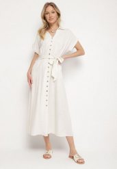 Jasnobeżowa Sukienka Koszulowa z Wiskozy i Lnu Wiązana w Talii z Kieszeniami Efrasira. Brązowe sukienki damskie Born2be, na co dzień, l, bez wzorów, z wiskozy, eleganckie, bez kołnierzyka, bez ramiączek, maxi, koszulowe. Za 149.99 zł.