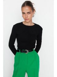 Trendyol Koszulka w kolorze czarnym rozmiar: L. Czarne bluzki damskie Trendyol, l, bez wzorów, ze splotem, bez kołnierzyka, bez ramiączek. Za 52.99 zł.