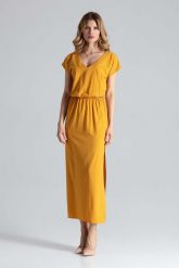 Musztardowa Sukienka Maxi z Dekoltem V. Pomarańczowe sukienki damskie Figl, l, bez wzorów, z elastanu, wizytowe, bez kołnierzyka, bez ramiączek, maxi. Za 289.00 zł.