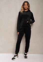 Czarny Komplet Dresowy z Weluru Spodnie z Gumką w Pasie i Bluza z Kapturem Lelaria. Czarne bluzy z kapturem damskie Renee, l, z dresówki. Za 79.99 zł.