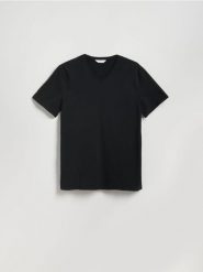 Bawełniany t-shirt slim fit - czarny. Czarne t-shirty męskie Reserved, l, bez wzorów, z bawełny, bez kołnierzyka. Za 59.99 zł.