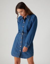 SUKIENKA JEANSOWA WRANGLER PUFF SLEEVE WESTERN MID INDIGO W9P4LLX8E 112132455. Niebieskie sukienki damskie Wrangler, s, bez wzorów, z jeansu, bez kołnierzyka, bez ramiączek. Za 269.99 zł.