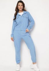 Niebieski Komplet Dresowy Utility z Bluzą z Kołnierzykiem i Joggerami z Szerokimi Klapami Imixa. Niebieskie bluzy bez kaptura damskie Born2be, l, z dresówki. Za 84.99 zł.