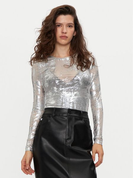 Noisy May Bluzka Lucia 27032152 Srebrny Slim Fit. Szare bluzki damskie Noisy may, s, bez wzorów, z syntetyku, bez ramiączek. Za 69.99 zł.