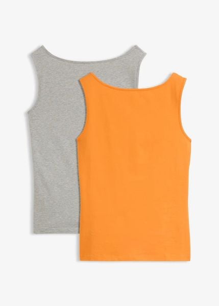Tank top z dekoltem łódką, 2 szt. Szare topy damskie bonprix, uniwersalny, bez wzorów, bez kołnierzyka. Za 55.98 zł.
