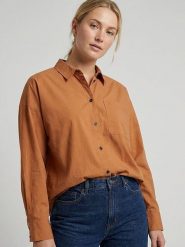 MOSS COPENHAGEN Koszula "Ghina" w kolorze karmelowym rozmiar: M/L. Brązowe koszule damskie MOSS COPENHAGEN, l, bez wzorów, z bawełny, bez kołnierzyka, bez ramiączek. Za 178.98 zł.