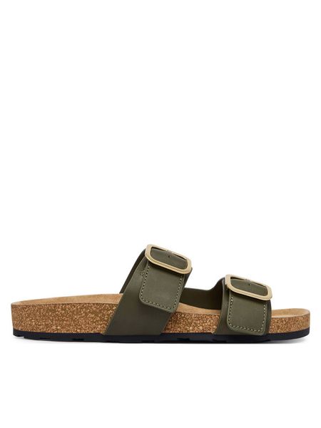 Tommy Hilfiger Klapki Leather Double Strap Cork Sandals FW0FW09118 Zielony. Zielone klapki damskie Tommy Hilfiger, bez wzorów, ze skóry, bez obcasa. Za 409.99 zł.