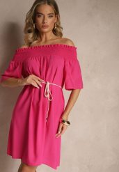 Fuksjowa Sukienka Hiszpanka z Bawełną i Wiskozą Ozdobiona Sznurkiem Lilarelle. Czerwone sukienki damskie Renee, na co dzień, na wiosnę, m, bez wzorów, z bawełny, eleganckie, bez kołnierzyka, bez ramiączek, mini, z odkrytymi ramionami. Za 44.99 zł.