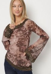 Brązowa Siateczkowa Bluzka Hiszpanka z Wiskozą i Bawełną Ozdobiona Koronką Nirriva. Brązowe bluzki damskie Born2be, l, z aplikacjami, z bawełny, bez kołnierzyka, bez ramiączek. Za 69.99 zł.