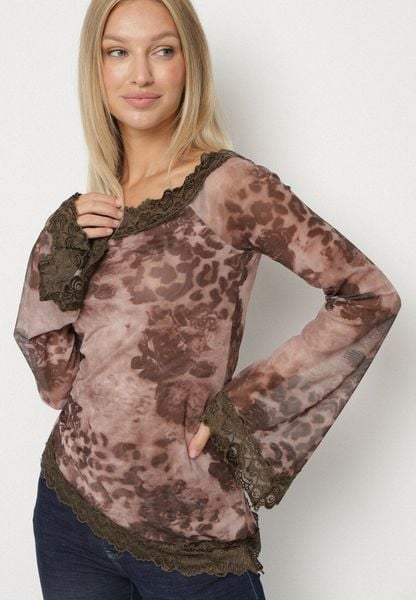Brązowa Siateczkowa Bluzka Hiszpanka z Wiskozą i Bawełną Ozdobiona Koronką Nirriva. Brązowe bluzki damskie Born2be, l, z aplikacjami, z bawełny, bez kołnierzyka, bez ramiączek. Za 69.99 zł.