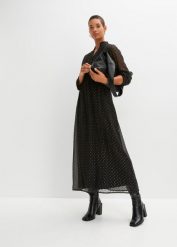 Długa sukienka z połyskiem. Czarne sukienki damskie bonprix, bez wzorów, eleganckie, bez kołnierzyka, bez ramiączek, maxi, plisowane. Za 169.99 zł.