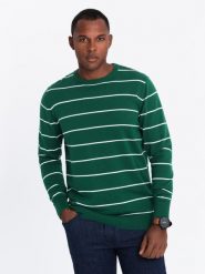 Casualowy sweter męski w poziome paski – zielony V4 OM-SWSW-0143 - XXL. Zielone swetry męskie Ombre Clothing, l, z aplikacjami, z bawełny, bez kołnierzyka. W wyprzedaży za 79.99 zł.
