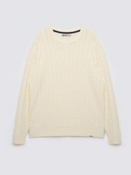 Sweter męski ze splotem warkoczowym i haftem kremowy Niser 100. Białe swetry męskie Big Star, l, bez wzorów, z bawełny, bez kołnierzyka. Za 229.99 zł.