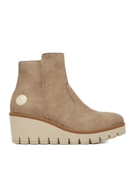 Rieker Botki CEO-Y5065-64 Beżowy. Brązowe botki damskie Rieker, z materiału, bez obcasa, na koturnie, bez zapięcia. Za 259.99 zł.