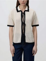 Sweter z wiązaniem - kremowy. Białe swetry klasyczne damskie Reserved, l, z bawełny, bez kołnierzyka. Za 119.99 zł.