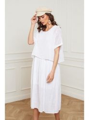 Fleur de Lin Lniana sukienka "Equanone" w kolorze białym rozmiar: M. Białe sukienki damskie Fleur de Lin, m, bez wzorów, ze lnu, bez kołnierzyka, bez ramiączek, midi. Za 213.18 zł.